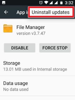 फ़ाइल प्रबंधक एंड्रॉइड डिवाइस के अपडेट की स्थापना रद्द करें