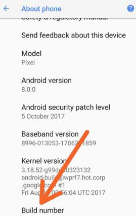 Pixel 2 फोन में बिल्ड नंबर को सात बार टैप करें